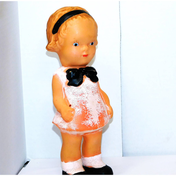 8" Vintage Rubber Girl with Pink Dress & Black Bow, Headband & Shoes - Picture 2 of 7